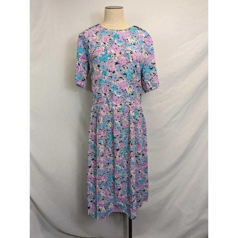 Carriage Court Floral Midi Dress Size 14 Purple Blue Short Sleeve‎